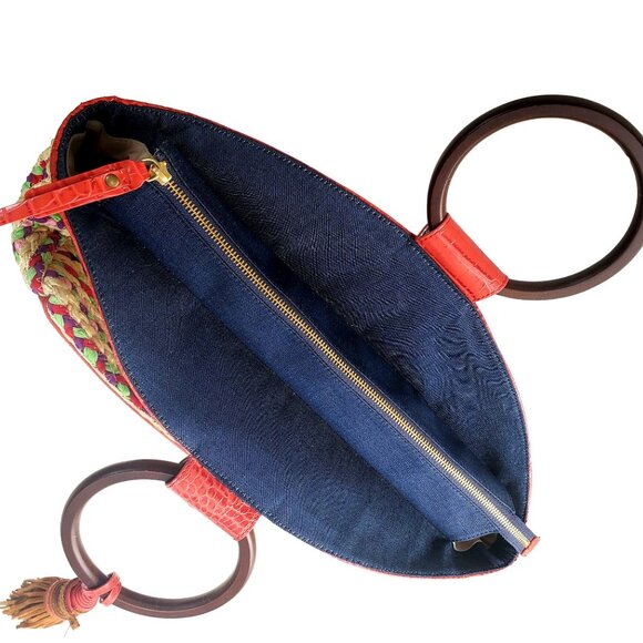 Sam Edelman Woven Gwendolyn Tote Handbag NWT Leather With Wood Handles Tassle - Picture 3 of 15